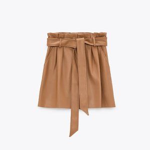 Zara Faux Leather Paperbag Bermuda Shorts Brown